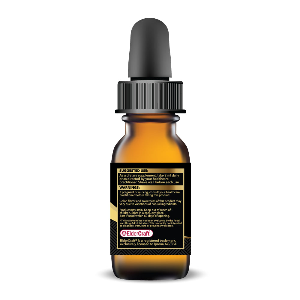 Back of Nuusero Elderberry Defense Drops bottle showing suggested use