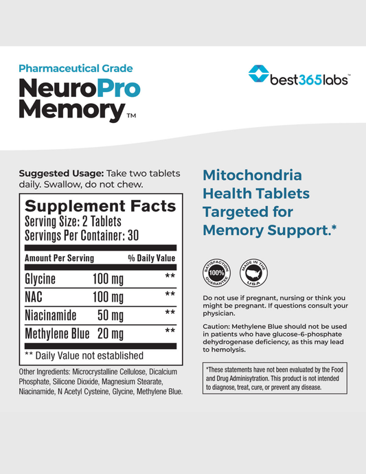 NeuroPro Memory™ Methylene Blue 20mg Tablets (USP-Grade)