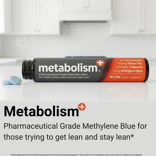 Supplement container labeled 'metabolism' on a white surface with text about its uses.