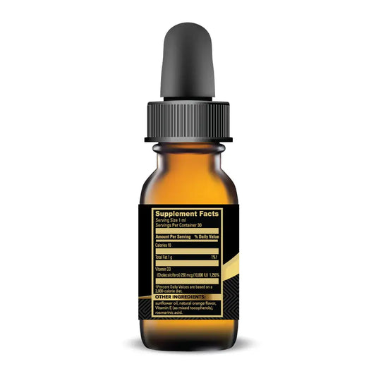 Sunshine Drops supplement facts label showing 10,000 IU of Vitamin D3 and Vitamin E for stability.