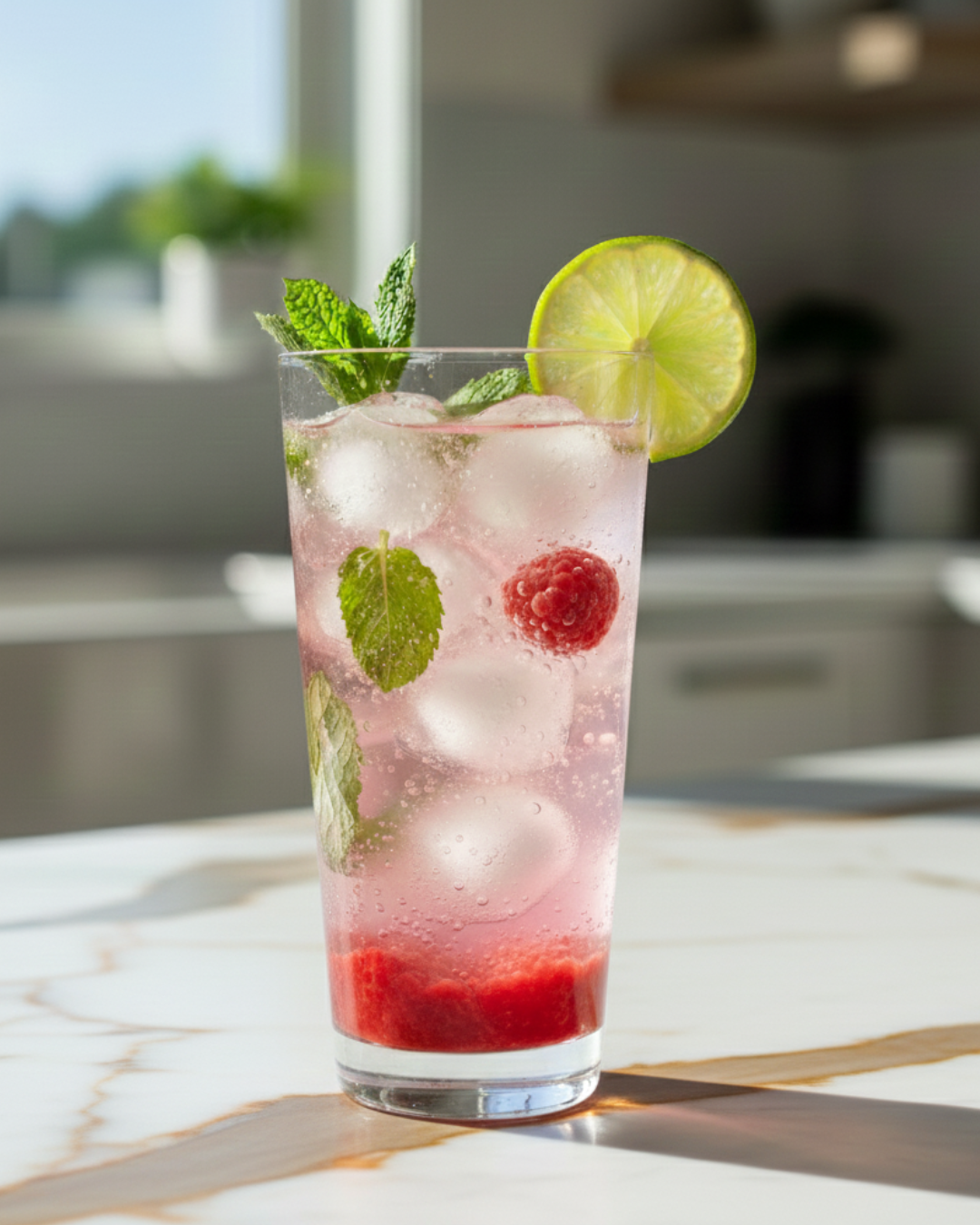 A tall minimalist glass of sparkling water with crushed raspberries at the bottom and a sprig of mint, featuring a soft orange hue on a polished Calacatta Gold marble countertop.