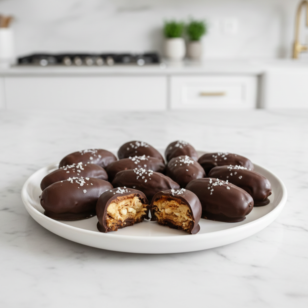 Stuffed Medjool dates filled with natural peanut butter and roasted peanuts, dipped in dark chocolate and topped with flaky sea salt on a neutral background.