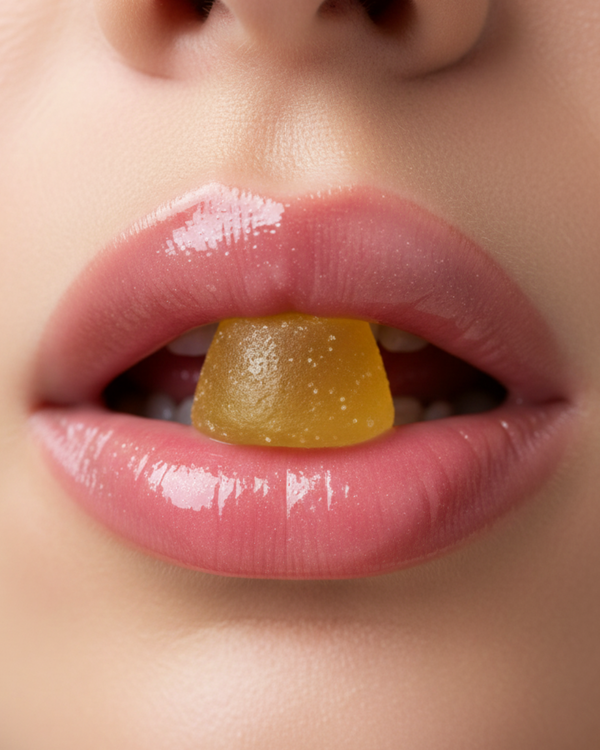 Macro close-up of a woman with glowing skin and pink glossy lips holding a yellow CeraLok™ dewy skin drop between her lips to represent internal hydration and skin barrier repair.