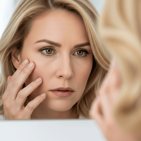 women looking at her skin in the mirror