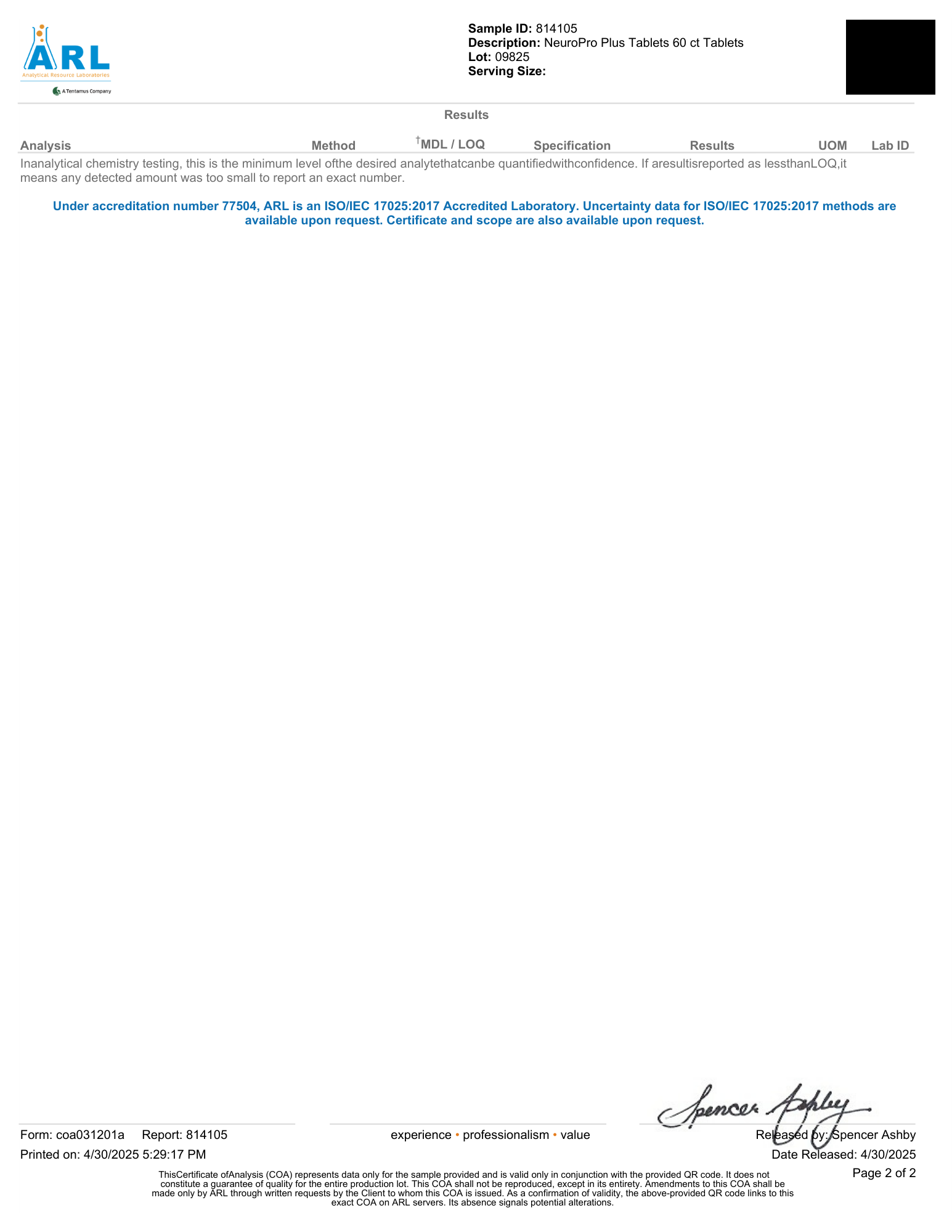 Third-Party Lab Tested USP Methylene Blue Purity Certificate - page 2