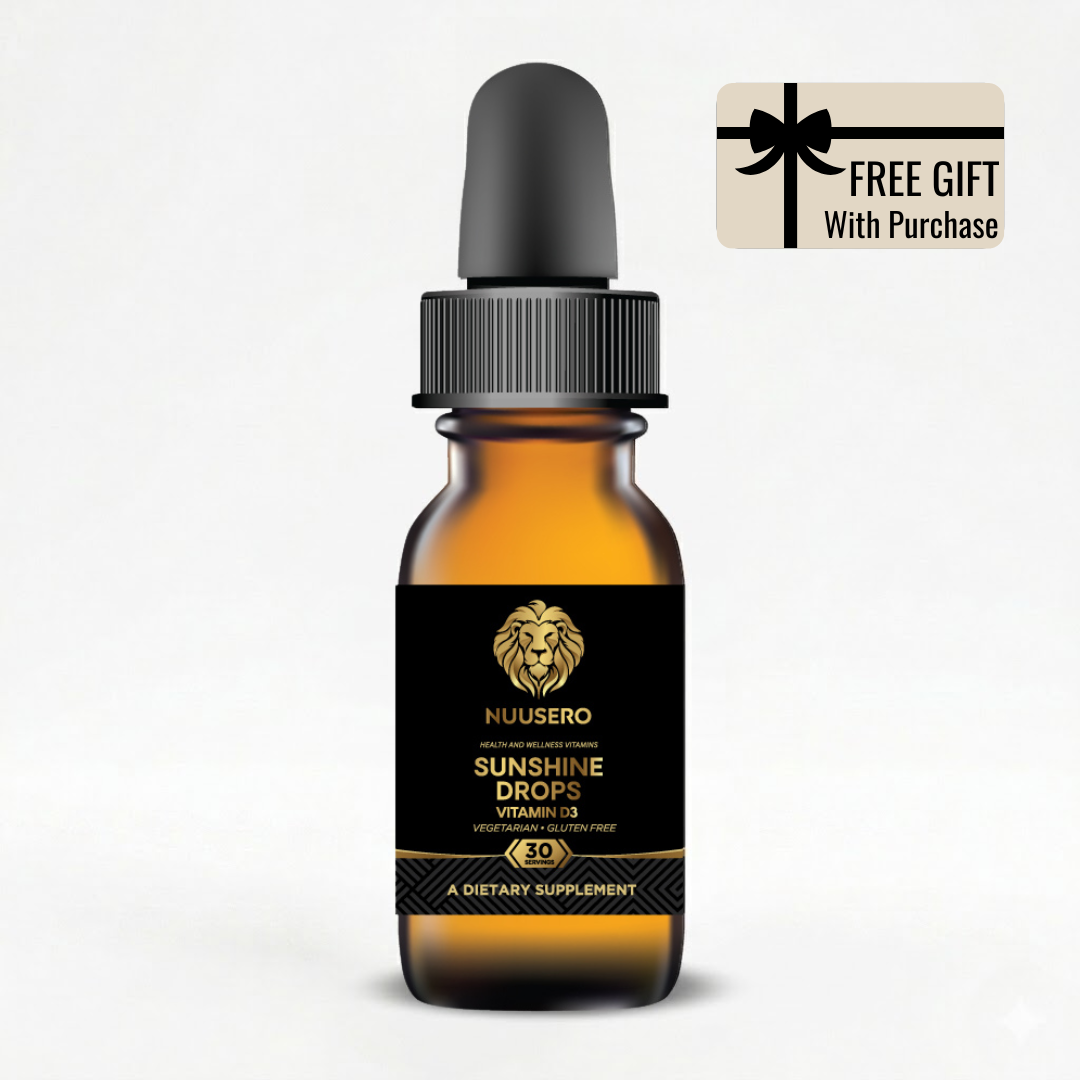 Sunshine Drops 10,000 IU liquid Vitamin D3 supplement bottle by Nuusero for max absorption.
