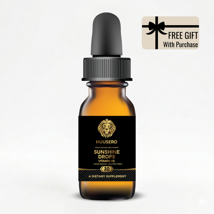 Sunshine Drops 10,000 IU liquid Vitamin D3 supplement bottle by Nuusero for max absorption.