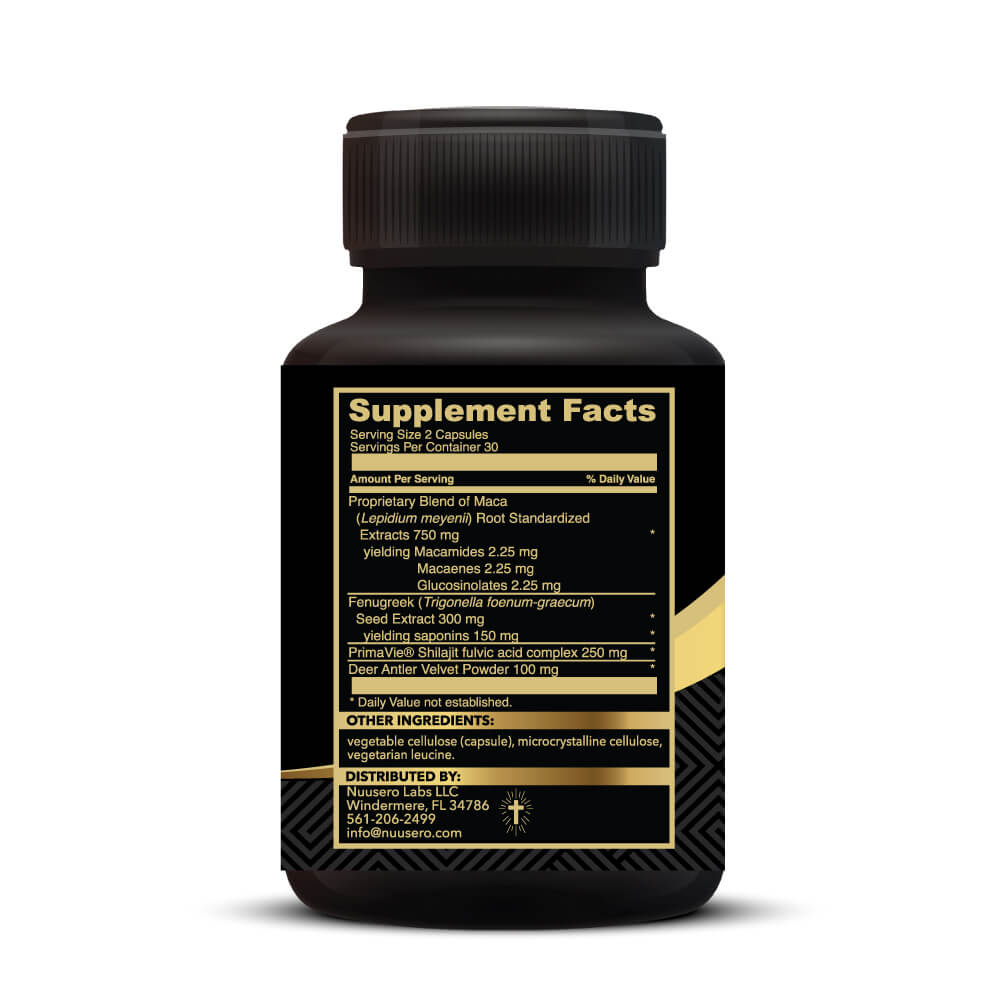Supplement facts for Libido Lift showing 500mg PrimaVie Shilajit, Maca Root, Fenugreek, and Deer Antler Velvet ingredients.