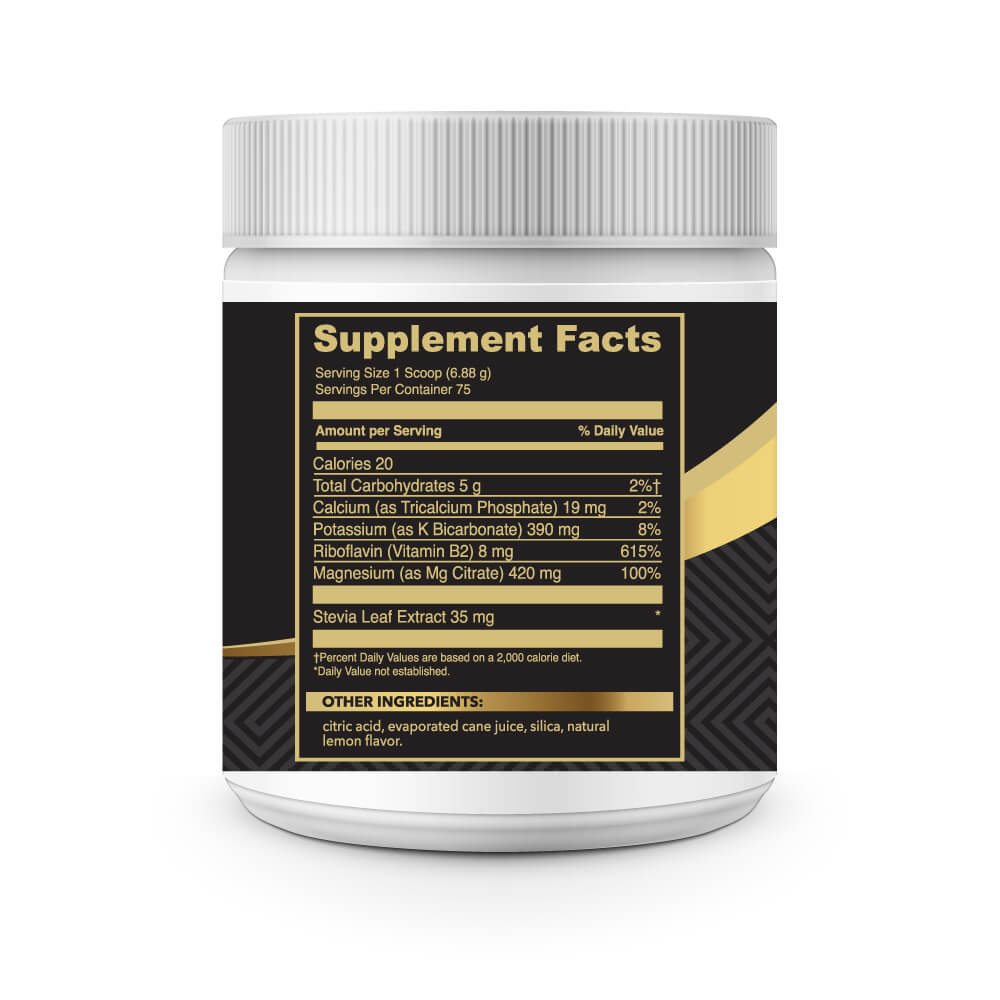 Supplement facts label for Mighty Magnesium showing 420mg Magnesium Citrate, Vitamin B2, Potassium, and Calcium.