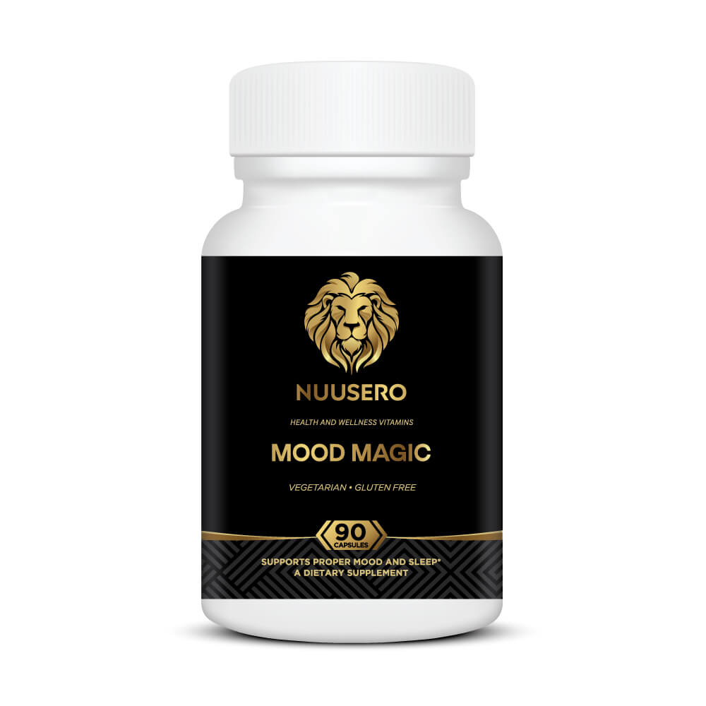 Mood Magic 5-HTP and Vitamin B6 supplement bottle for serotonin and mood support.