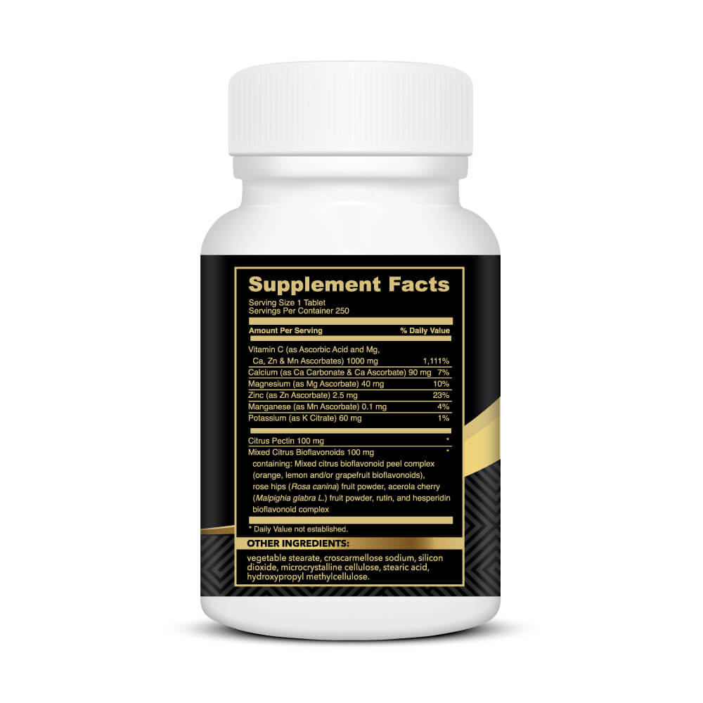 Supplement Facts label for The Bright Side Buffered Vitamin C complex, showing 1,000mg Vitamin C and Zinc per serving.