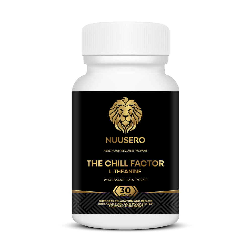 The Chill Factor Suntheanine L-Theanine 100mg supplement bottle by Nuusero for relaxed alertness and calm focus.