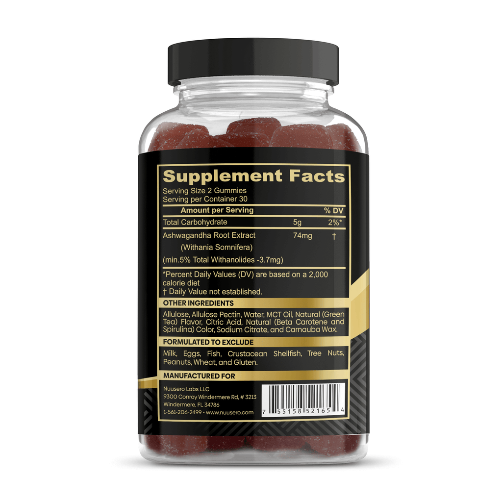 Nuusero sugar-free Ashwagandha gummies featuring clinically-validated KSM-66 root extract supplements facts