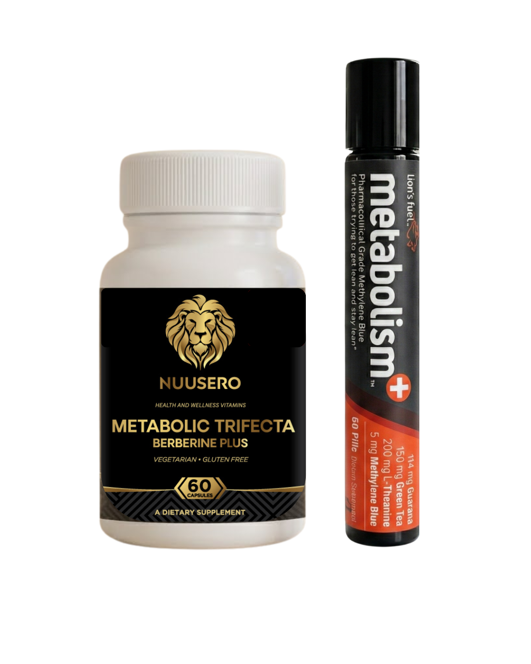 A minimalist product photograph featuring two Nuusero supplements side-by-side. On the left is a wide white bottle labeled Metabolic Trifecta Berberine Plus with a gold lion logo. On the right is a tall, slim black cylinder tube labeled metabolism+. The background is a solid white color.