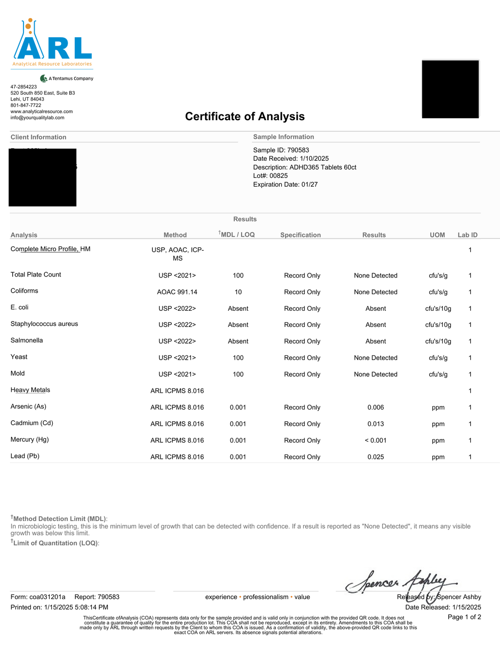 Certificate of Analysis from ARL with test results and signature