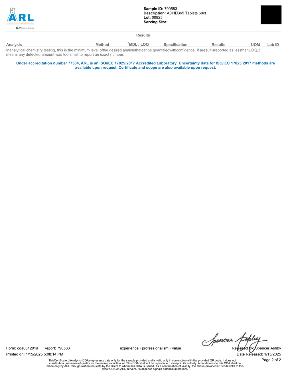 Certificate of Analysis from ARL with test results and signature, page 2.