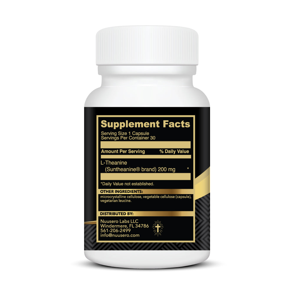 Supplement Facts label for The Chill Factor showing 100mg of pure Suntheanine L-Theanine with zero fillers.