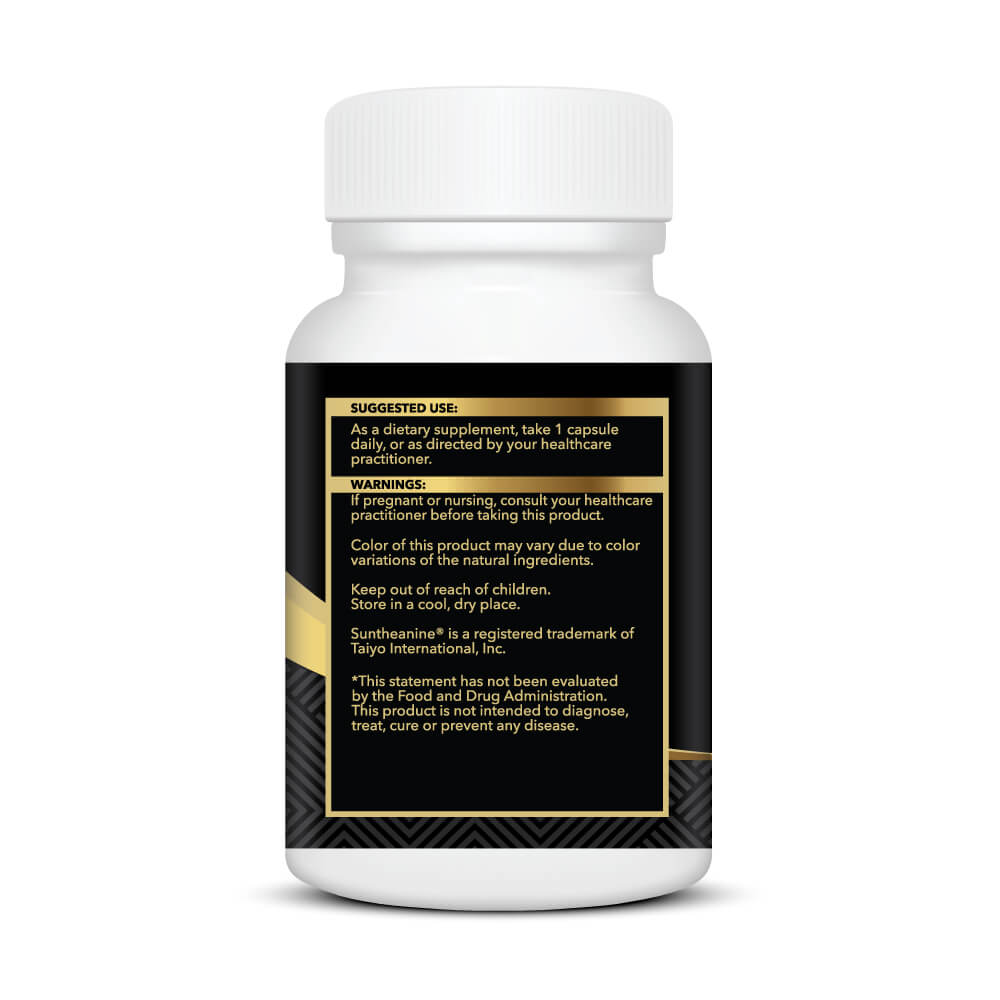 Suggested use instructions for The Chill Factor Suntheanine showing one capsule daily for alpha-wave brain support.
