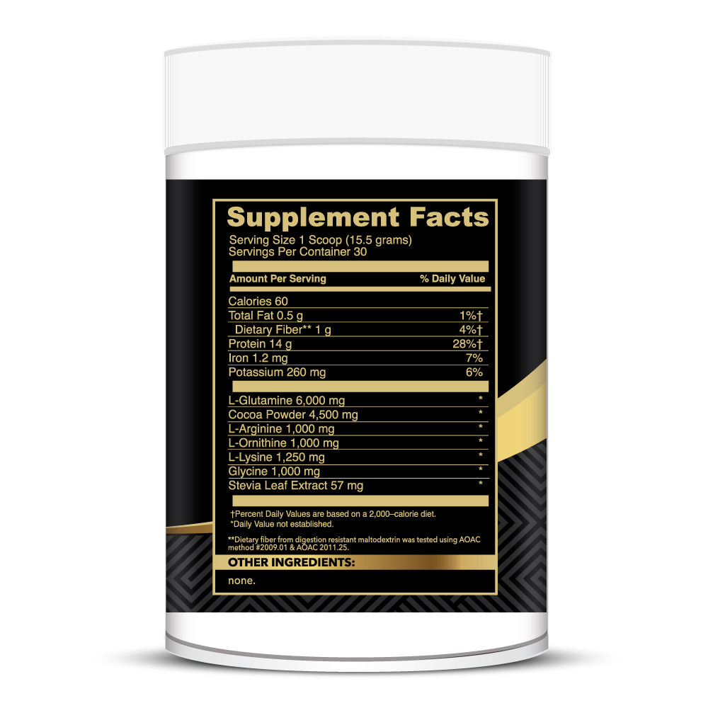 Chocolate Growth Factor Fuel Supplement Facts. L-Glutamine, L-Arginine, L-Ornithine, L-Lysine, Glycine