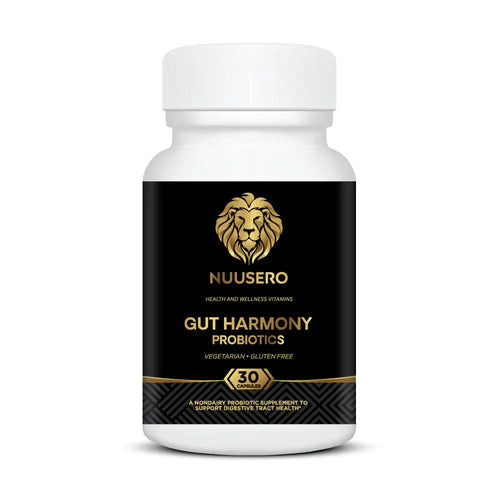 Gut Harmony 9-strain probiotic with FOS prebiotics, 9 billion CFU non-dairy supplement bottle for bloating relief.