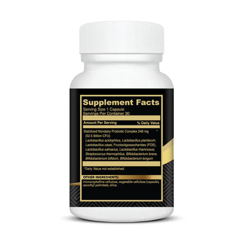 Supplement facts label for Gut Harmony 9-strain probiotic showing Lactobacillus and Bifidobacterium strains and FOS prebiotic content.