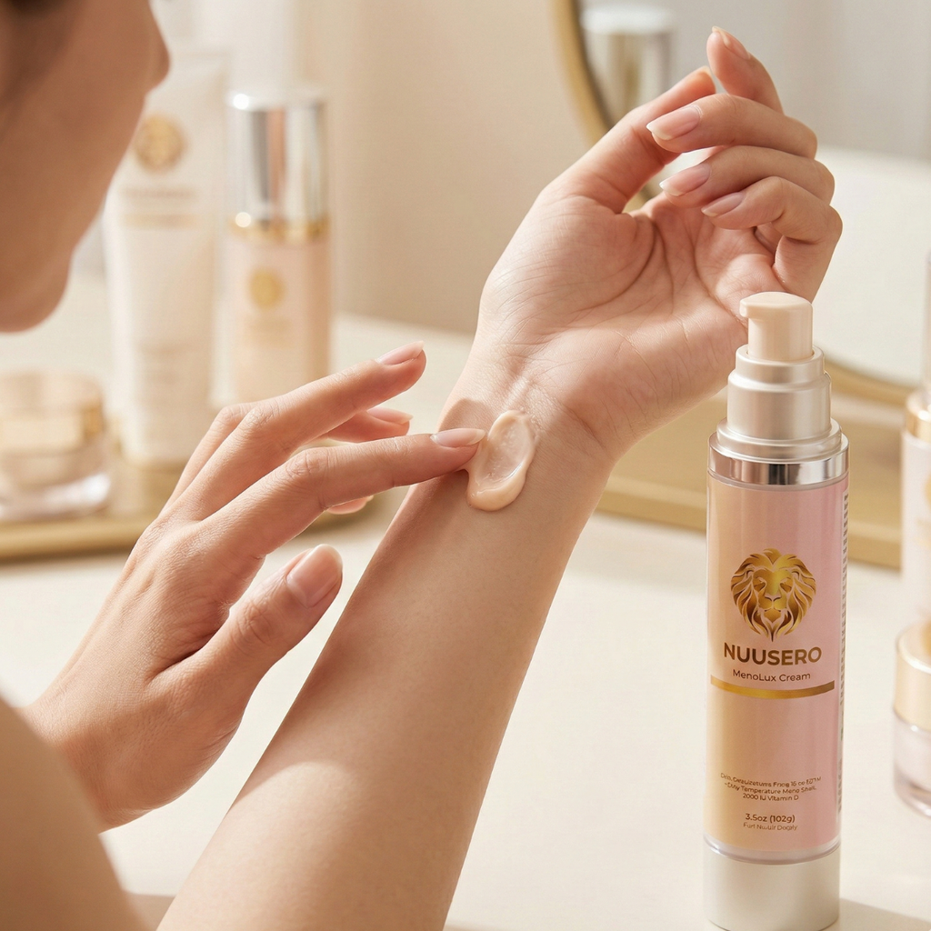 Woman over 40 applying cream to their wrist with a NUUSERO bottle in the foreground.