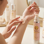 Woman over 40 applying cream to their wrist with a NUUSERO bottle in the foreground.