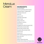 Ingredients list of Menolux Cream on a gradient background with Nuusero logo.