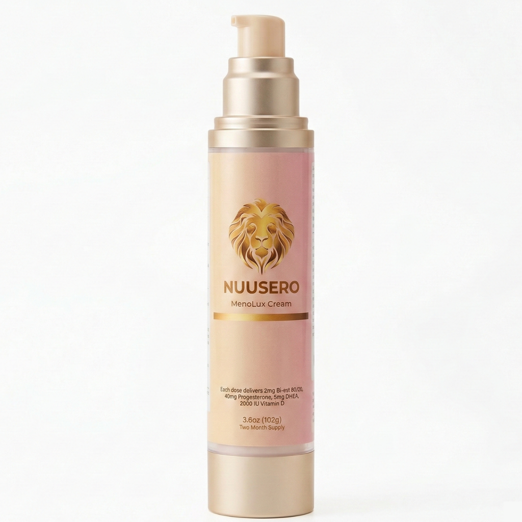 Bottle of MenoLux without the lid. Pre measured pump