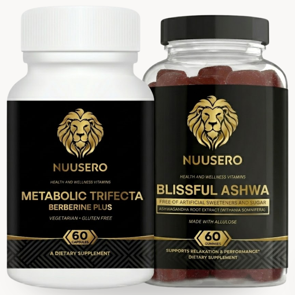Nuusero supplement bundle featuring Metabolic Trifecta Berberine and Blissful Ashwa Ashwagandha Gummies together on a clean white background.