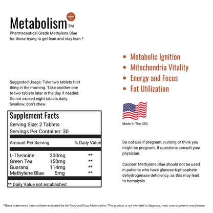 Supplement label for Metabolism with ingredients and usage instructions.