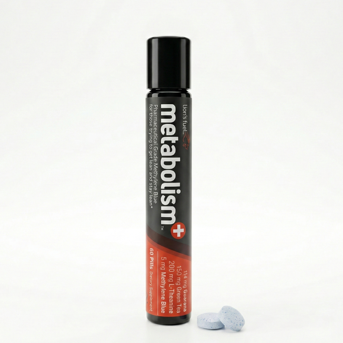Bottle of Metabolism Plus Supplement with Methylene Blue on white background