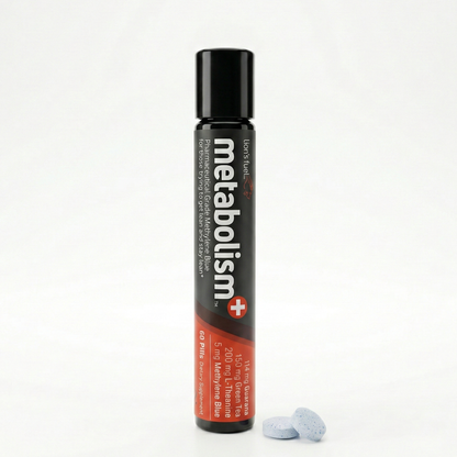 Bottle of Metabolism Plus Supplement with Methylene Blue on white background