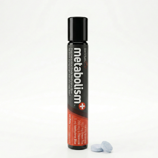 Bottle of Metabolism Plus Supplement with Methylene Blue on white background