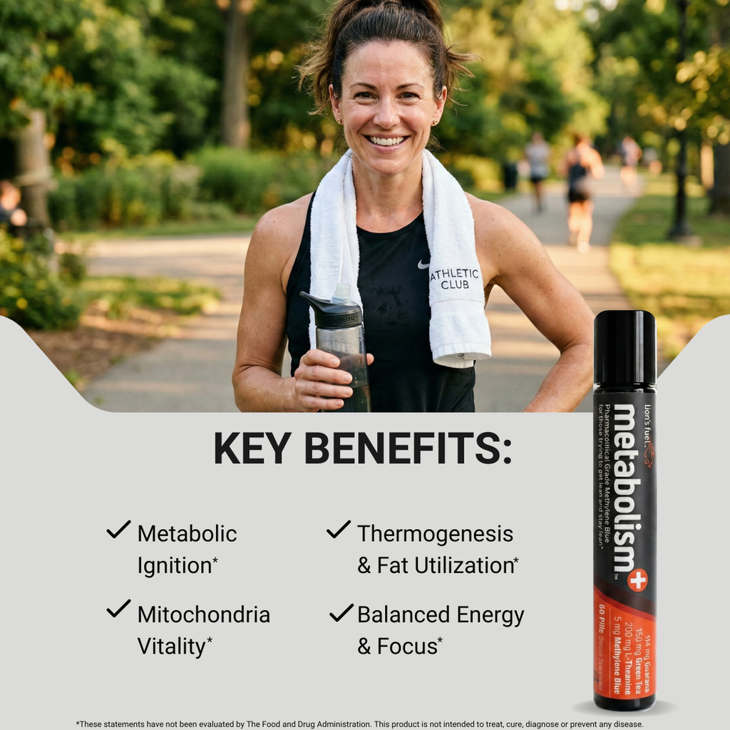 Woman holding a supplement bottle with text about key benefits in a park setting
