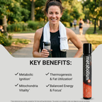 Woman holding a supplement bottle with text about key benefits in a park setting