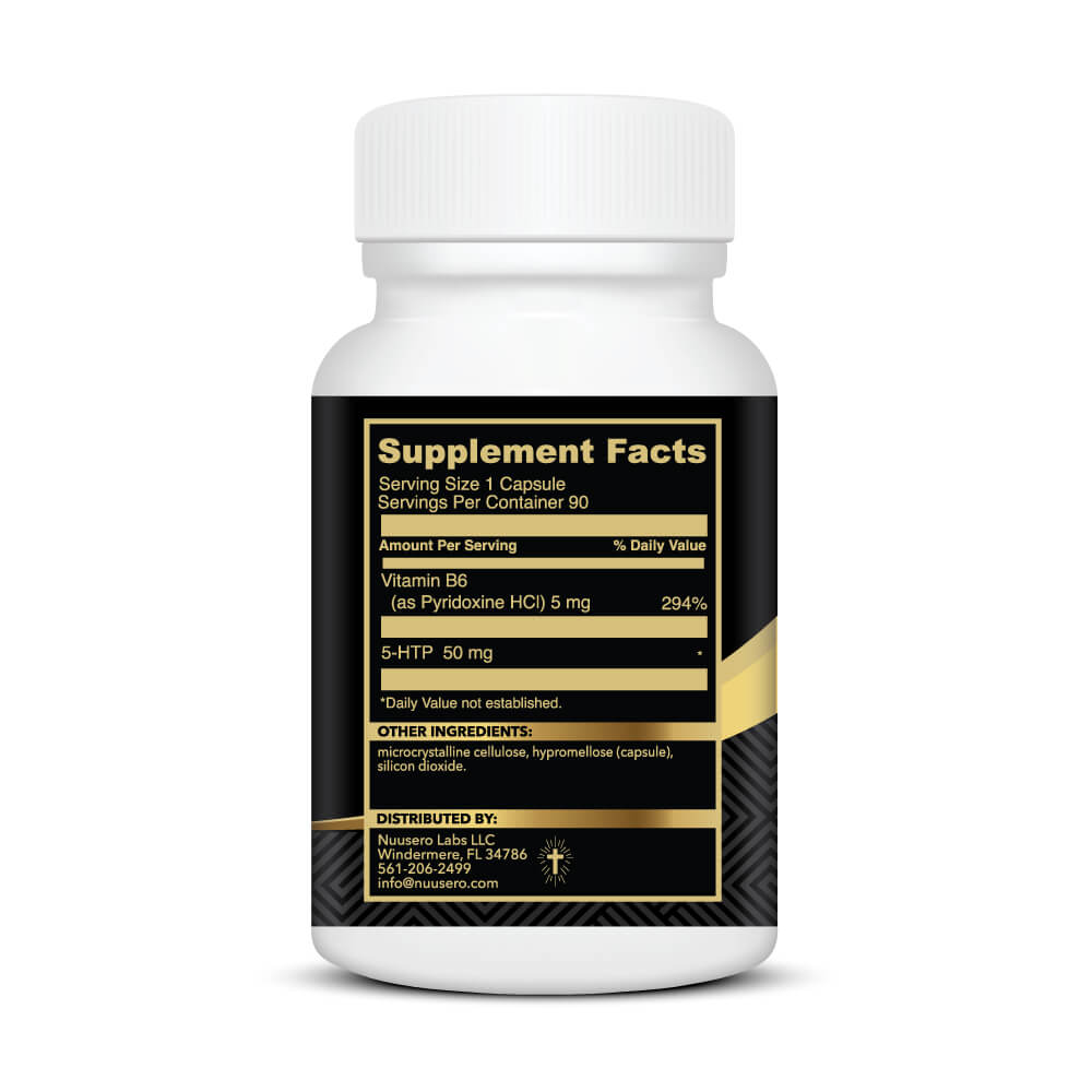 Supplement facts label for Mood Magic showing 50mg 5-HTP and 5mg Vitamin B6 per capsule.