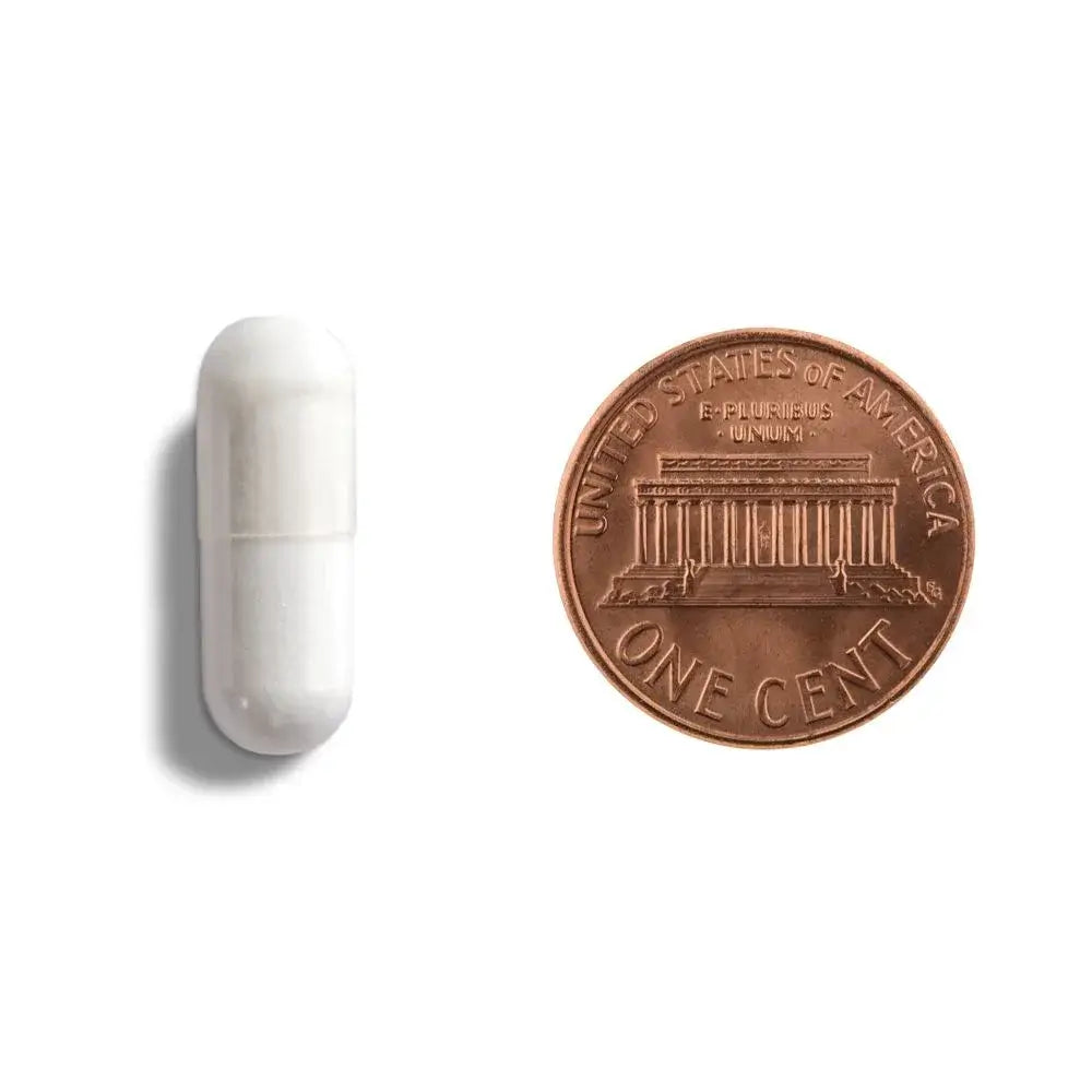 Size comparison of a Mood Magic vegetarian capsule next to a U.S. penny.