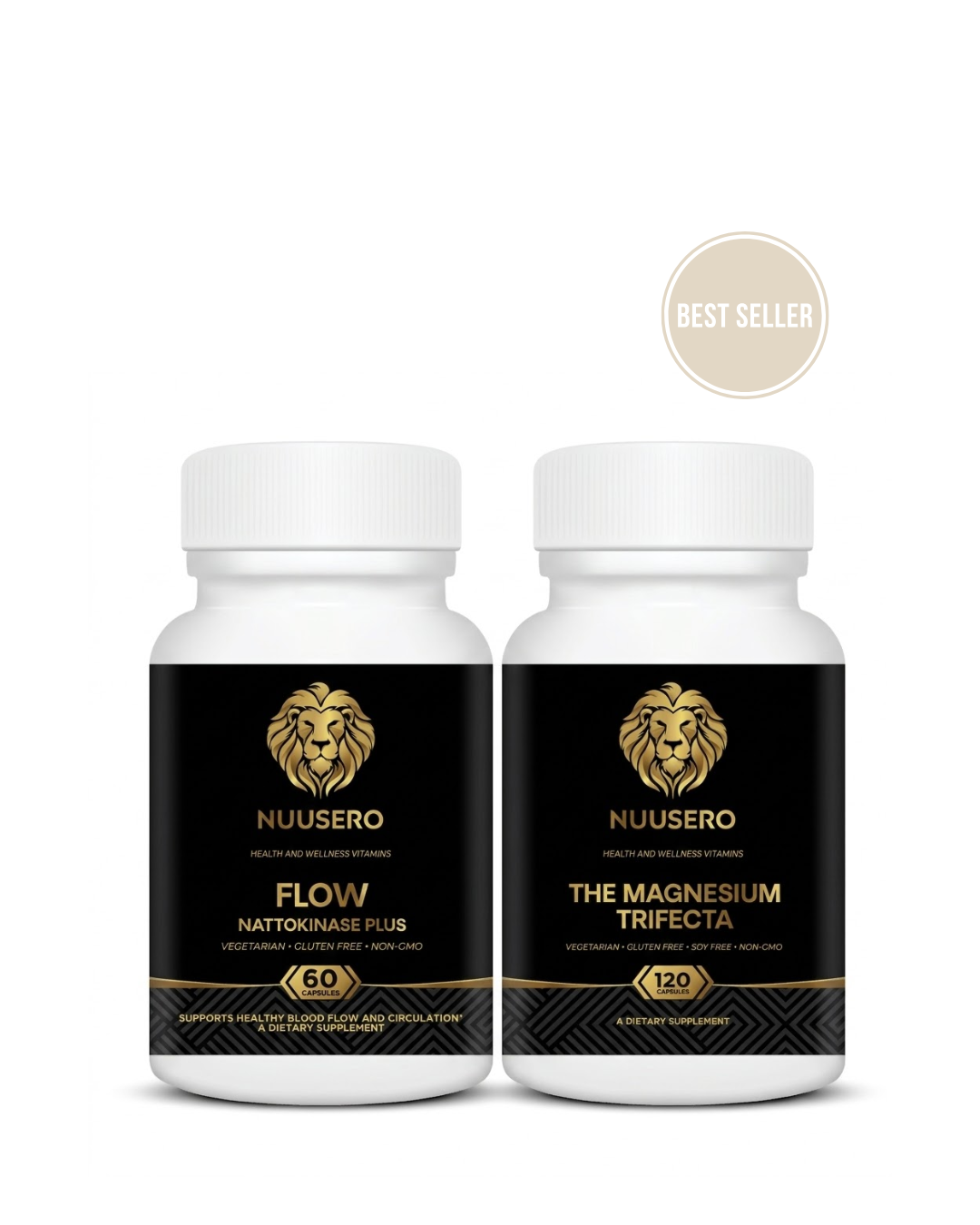 A minimalist studio product photograph featuring two Nuusero supplements side-by-side on a seamless, solid white background with no props. On the left is a tall, slim black cylinder tube labeled Flow. On the right is a white bottle with a gold lion logo labeled Magnesium Trifecta. The words "Best Seller" sit above the bottles