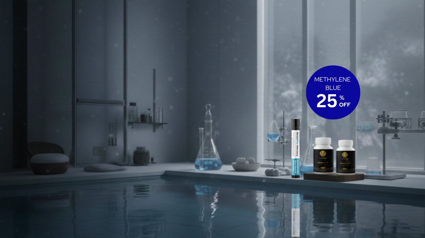 Pharmaceutical grade USP Methylene Blue solution & 2 other supplements by Nuusero in a clinical laboratory setting, 25% off sale for mitochondrial health and longevity.