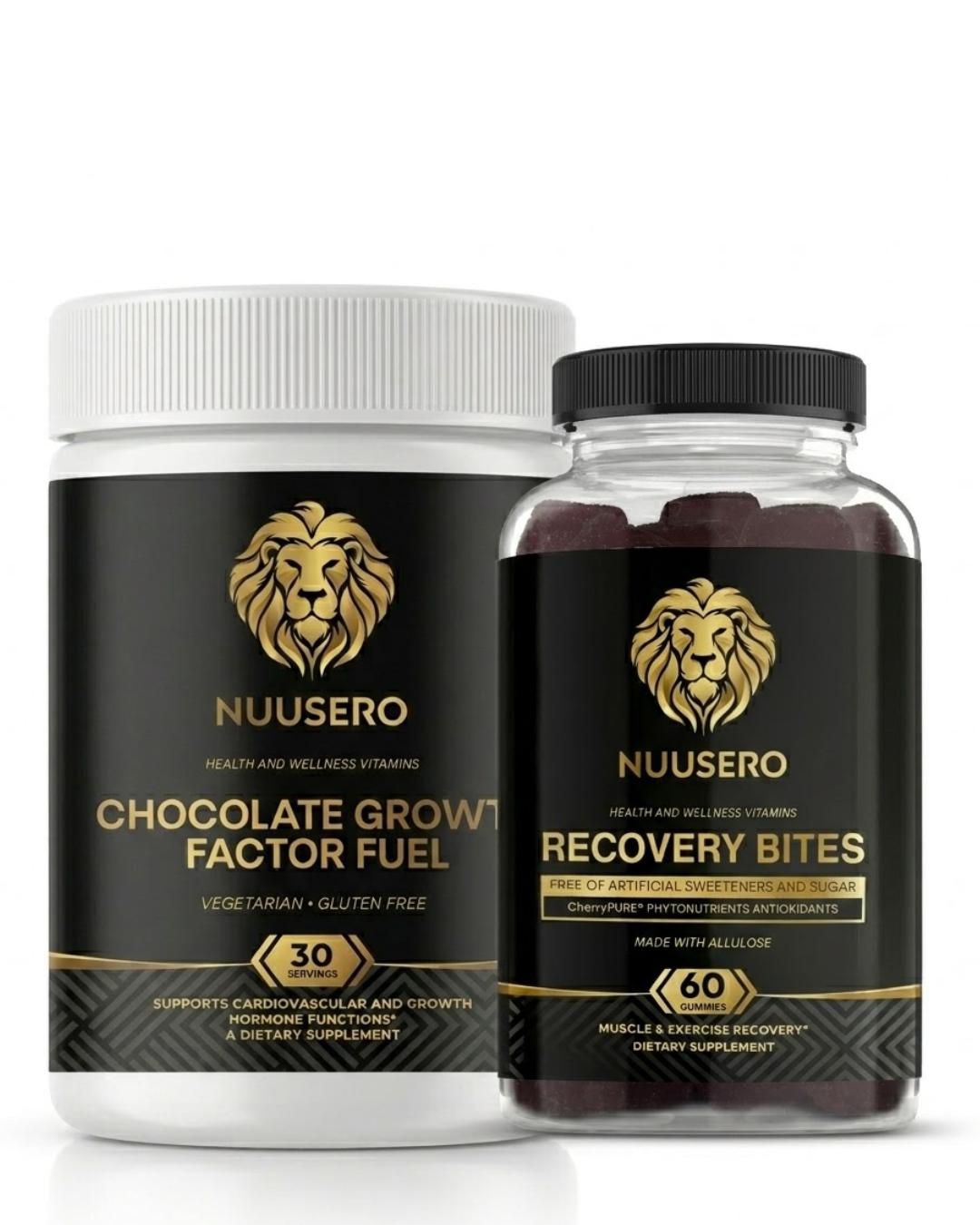 A clean studio product photograph featuring two Nuusero supplement items side-by-side on a seamless, solid white background with no props. On the left is a product container labeled Chocolate Growth Factor Fuel. On the right is a product container labeled Recovery Bites. 