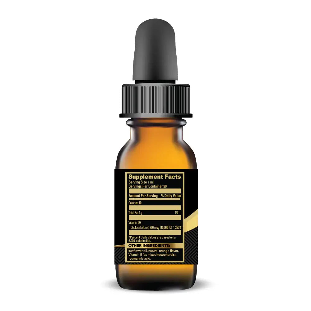 Sunshine Drops supplement facts label showing 10,000 IU of Vitamin D3 and Vitamin E for stability.