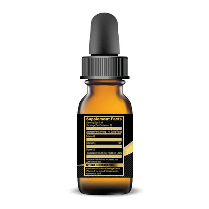 Sunshine Drops supplement facts label showing 10,000 IU of Vitamin D3 and Vitamin E for stability.