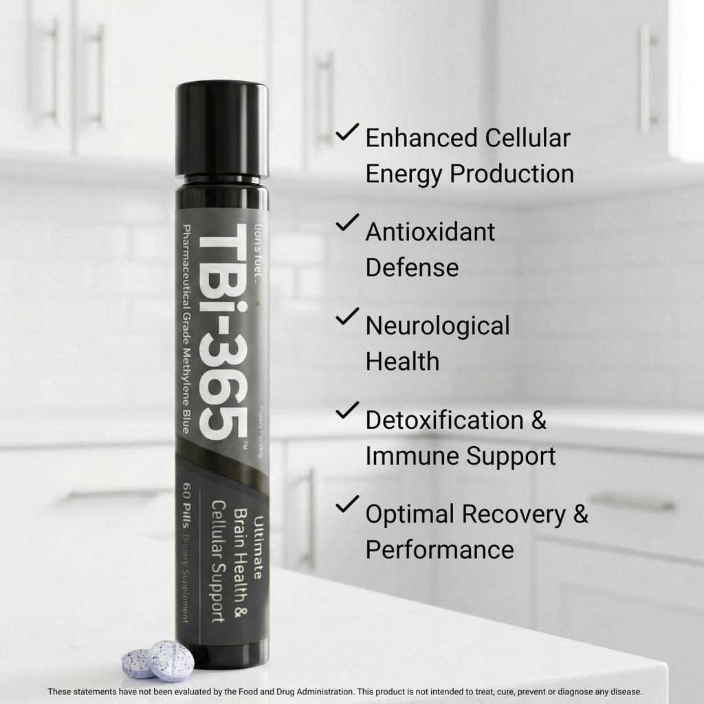 TBi-365 supplement bottle with health benefits listed on a white background