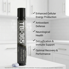 TBi-365 supplement bottle with health benefits listed on a white background