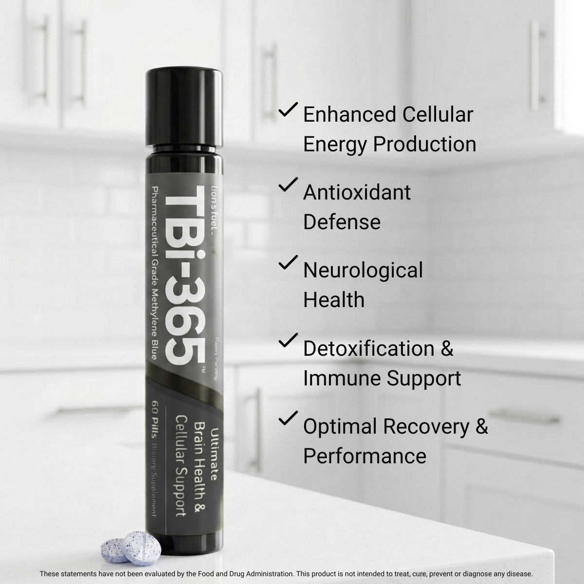 TBi-365 supplement bottle with health benefits listed on a white background