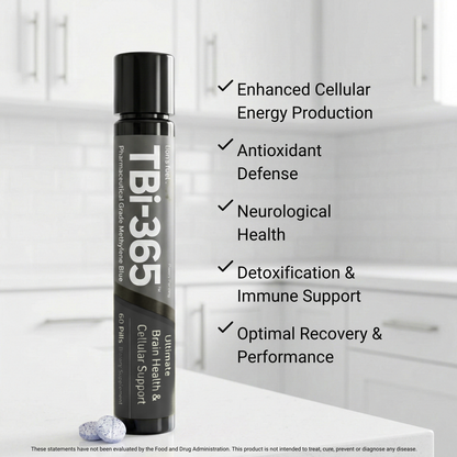 TBi-365 supplement bottle with health benefits listed on a white background