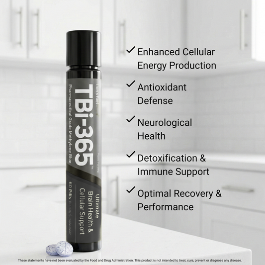 TBi-365 supplement bottle with health benefits listed on a white background