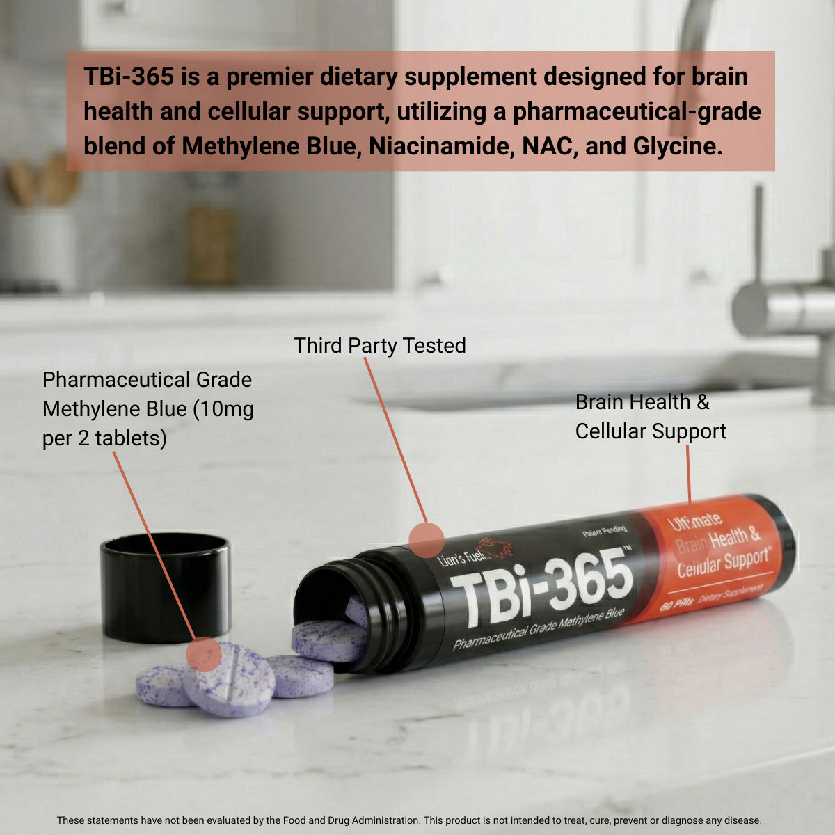 TBI-365 dietary supplement packaging with text on a kitchen counter