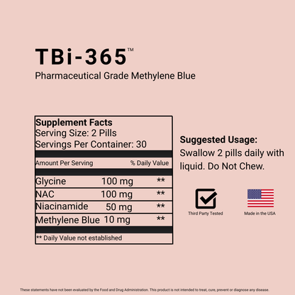 TBi-365 Supplement Facts and Suggested Usage.